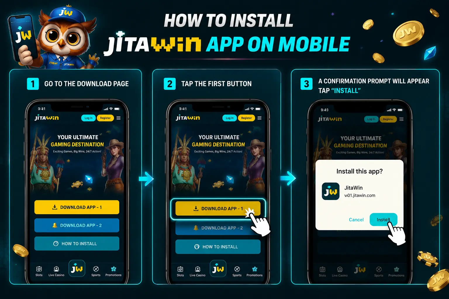 JitaWin mobile PWA install guide: three steps download page, tap button, install prompt