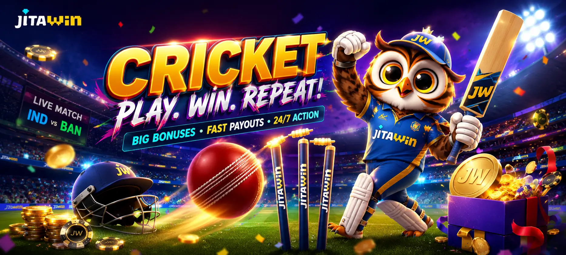 JitaWin cricket betting promo — owl mascot, stadium, play win repeat